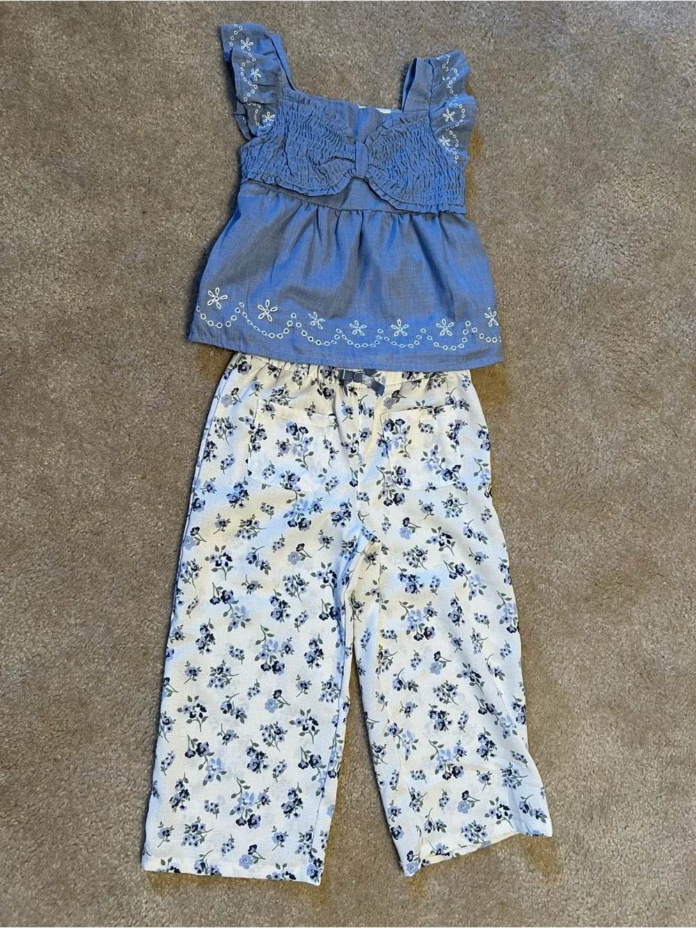 Little Lass Blue Top with Cream Floral Pants Matching Set - Picture 2 of 6